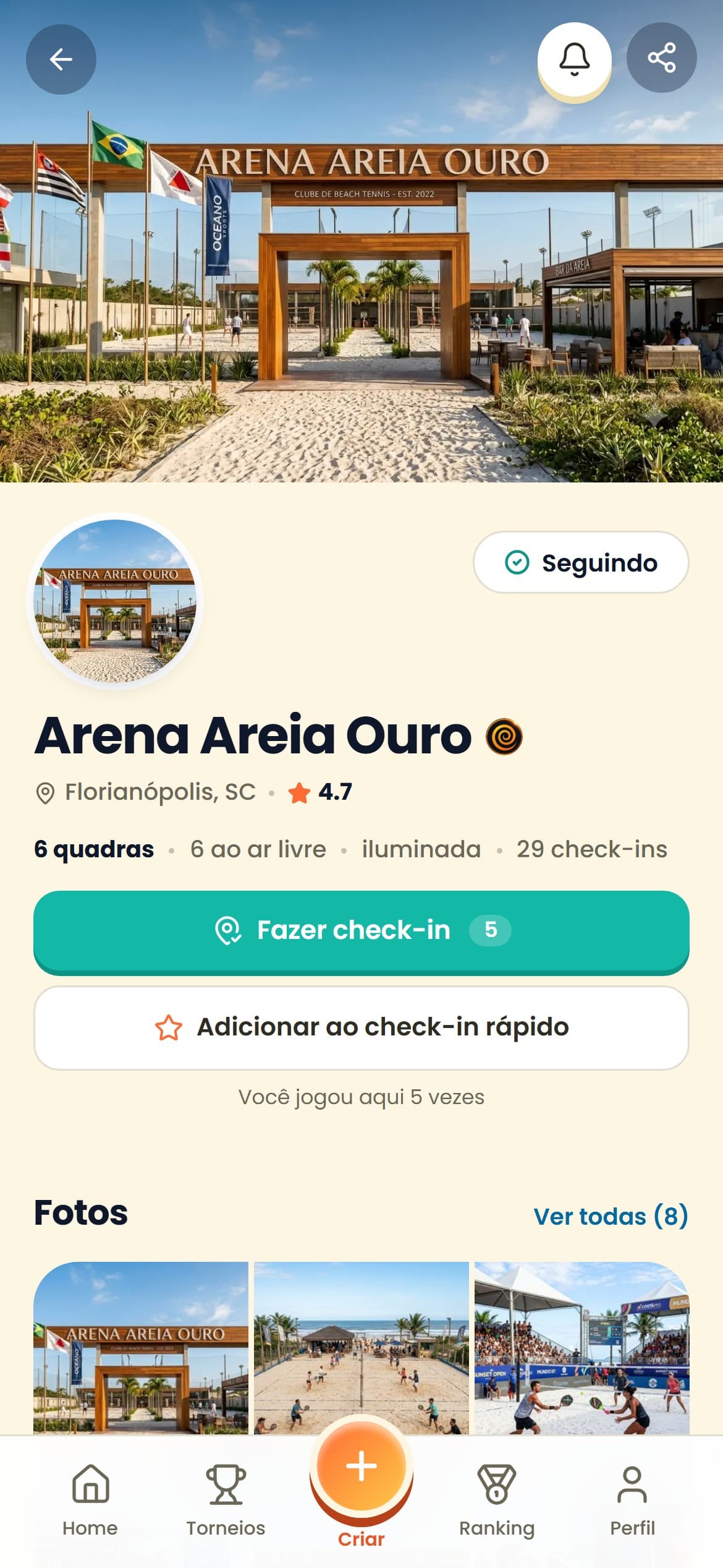 Página da arena com check-ins no SpinBT