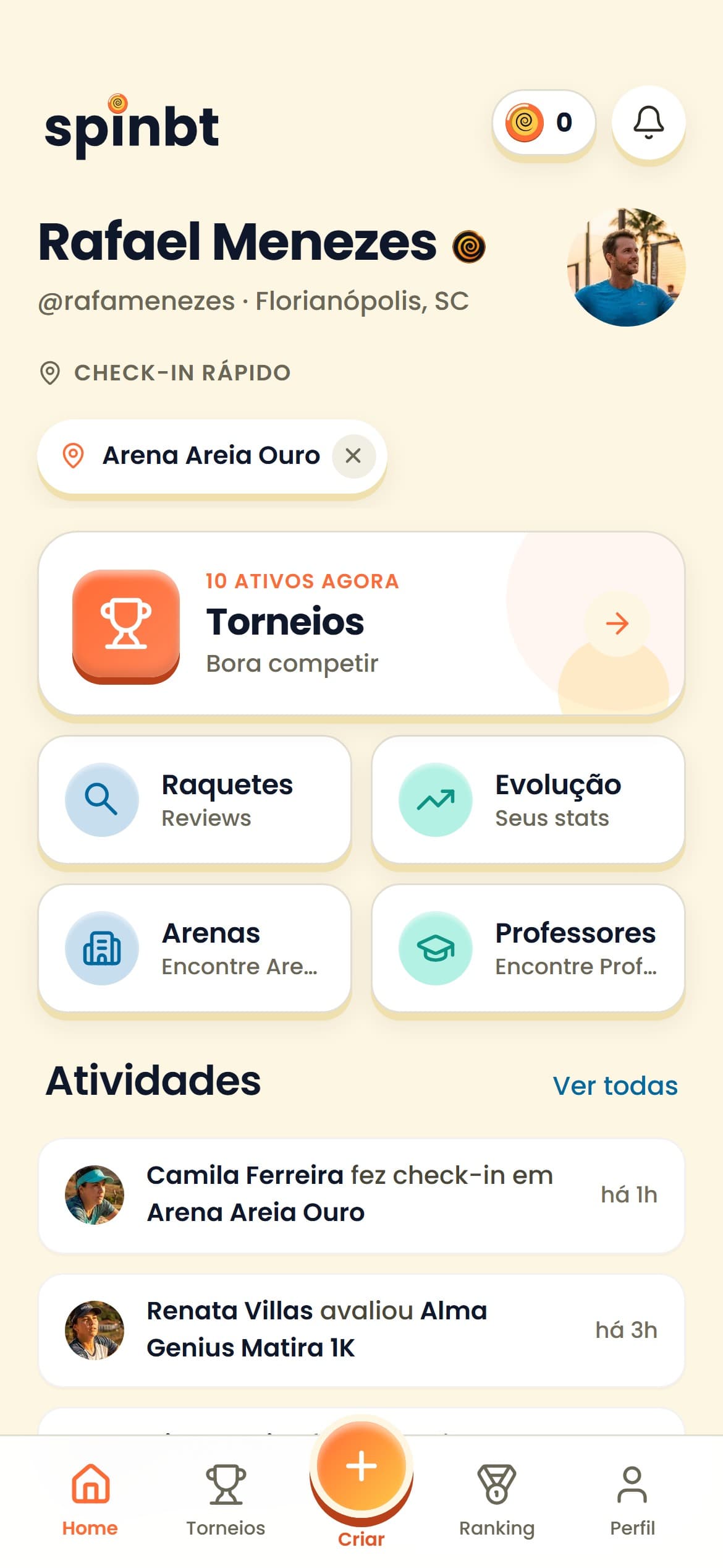 Tela inicial do SpinBT com torneios e comunidade